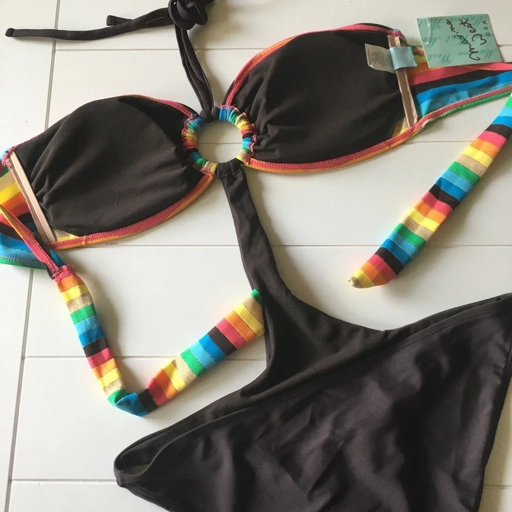NEW Marina West Swimsuit Bikini Large Rainbow Cut Out Strapless Vacation Travel